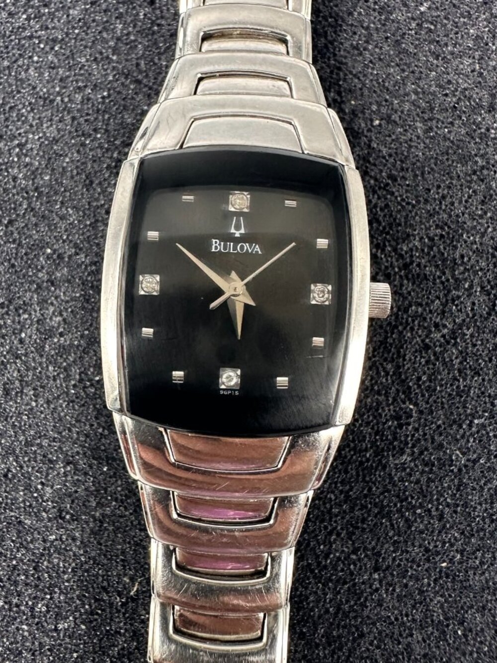 Bulova Watch Women Silver Tone Black Dial 96P15 New Battery 6.75"